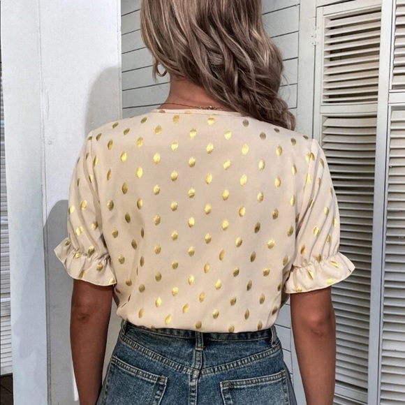 SHEIN Golden Dot Print Flounce Sleeve Overlap Collar Bodysuit - Picture 2 of 5